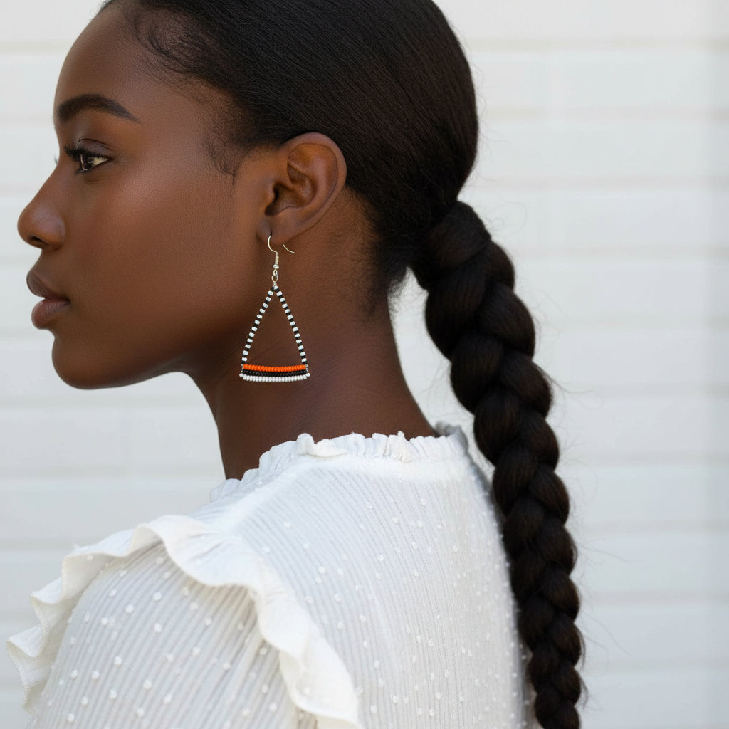 Maasai Bead Triangle Dangle Earrings, Black/White/Orange