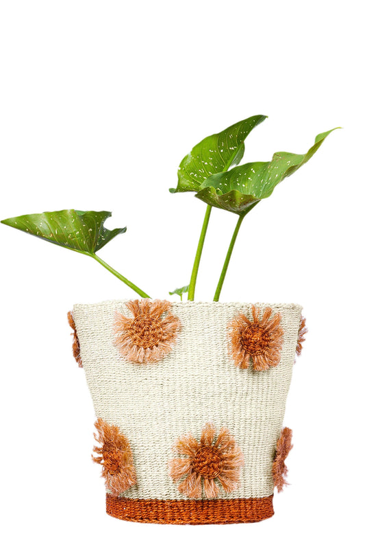 Natural Floral Applique African Basket Planter